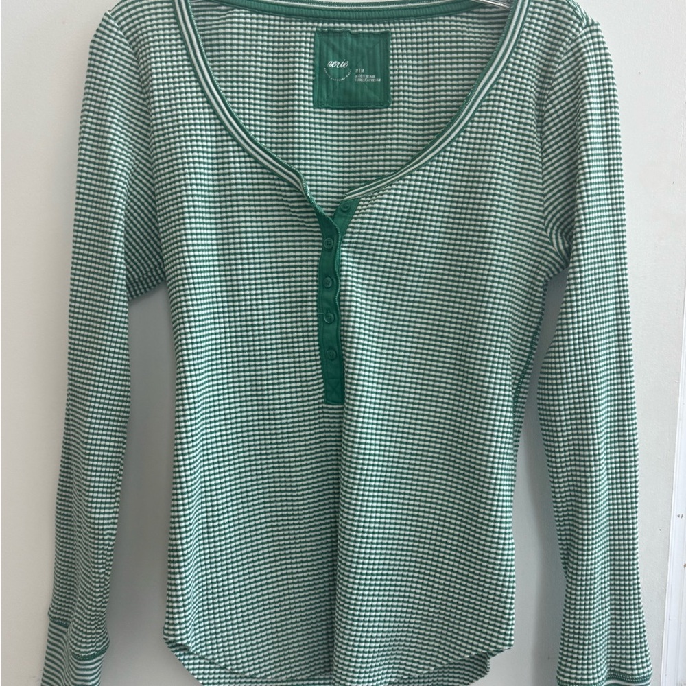 Aerie long sleeved Henley top green white & silver M 1/2 button down NWOT